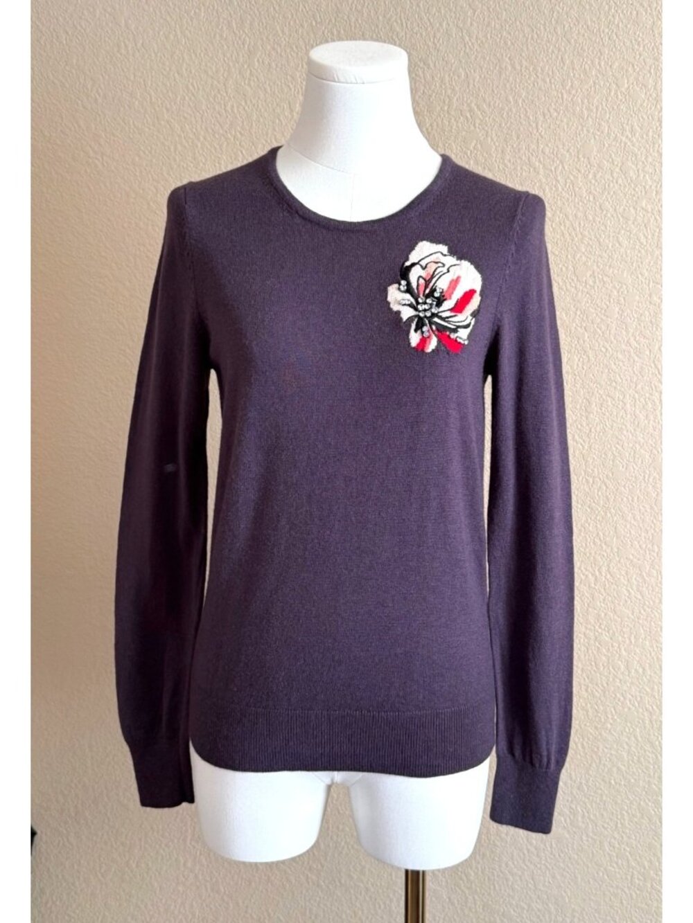 Ann Taylor Crewneck Pullover Sweater Wool Blend Purple Floral Rhinestones